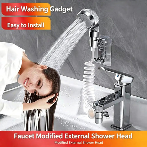 Universal pull down kitchen faucet with flexible hose 2 mode water supply/stop button ideal for bathing cleaning and grooming pets Rubinetto Cucina in use while washing hair.
