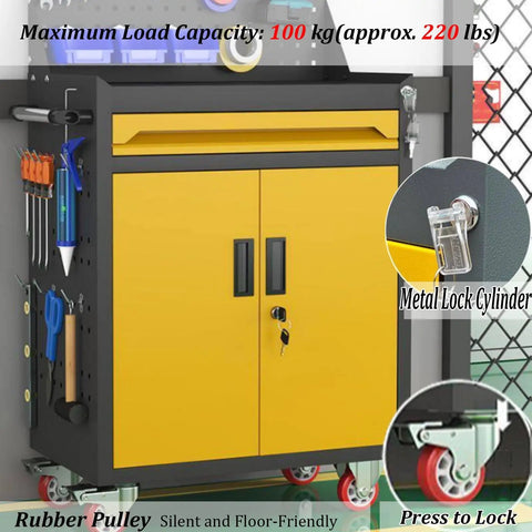 Rolling Metal Tool Cart With Two Drawers, Pegboard Back Panel And Hooks, Heavy Duty Utility Cart For Workshop, Garage Or Warehouse, Adjustable Dividers, Large Top Work Surface, Sturdy Blue Steel Build; yellow cabinet on casters