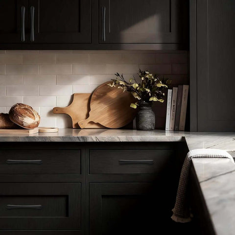 Five Pack Three Inch Matte Black Arch Cabinet Pulls Built Like A Tank Zinc Alloy Kitchen Hardware on dark kitchen cabinets.