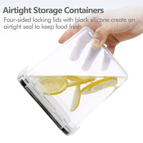 Hand holding Eight Piece Airtight Food Storage Canister with Lids for Pantry Organization containing lemon slices, clear plastic