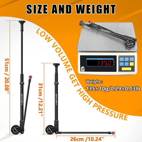 Beefy High Pressure Bike Shock Pump With Gauge For Mountain Bike And Road Bikes, weight on scale, dimensions labeled, 300 Psi