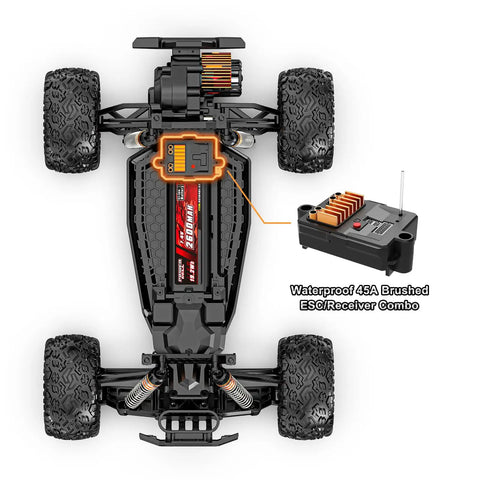 One Tenth Scale RC Car Smart 45A Electronic Speed Controller 2S ESC For HS10422 attached to black RC car chassis