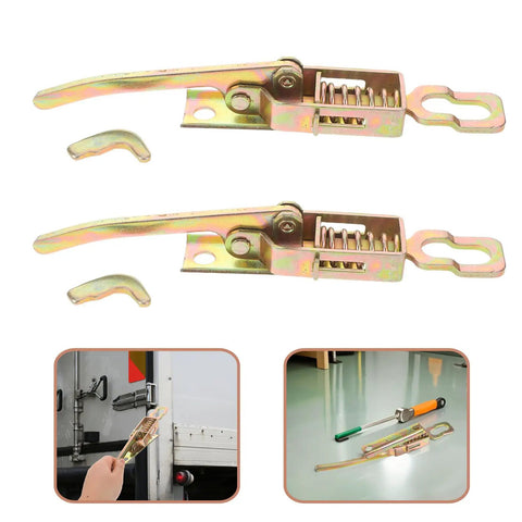 Heavy Duty 2 Piece Spring Loaded Trailer Latch Set With Galvanized Build For Cargo And Dump Trucks shown from front with metal spring mechanism.