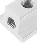 T Type Air Flow Splitter Block With Two Ports And Four Holes Multiport Pneumatic Gas Distribution Manifold Junction silver corner view