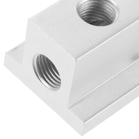 T Type Air Flow Splitter Block With Two Ports And Four Holes Multiport Pneumatic Gas Distribution Manifold Junction silver corner view