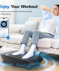 Whole Body Vibration Plate Exercise Machine For Home Gym Bluetooth Enabled with Silicone Pedals in use in modern living room.