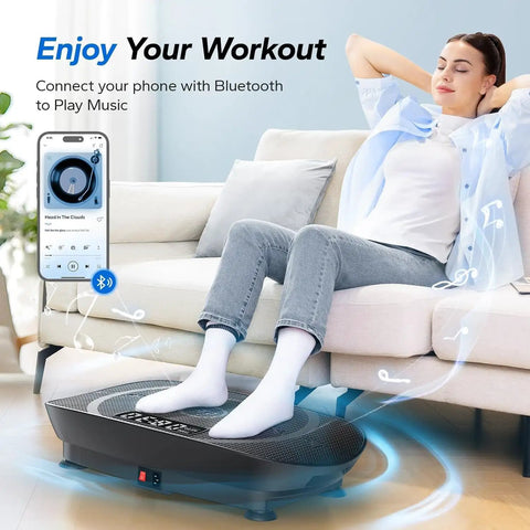 Whole Body Vibration Plate Exercise Machine For Home Gym Bluetooth Enabled with Silicone Pedals in use in modern living room.