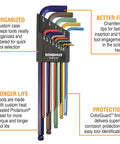 Ball End L Wrench Set Double Pack With ColorGuard 22 Piece Ultra Long Arm Allen Keys on display with labeled benefits