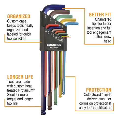Ball End L Wrench Set Double Pack With ColorGuard 22 Piece Ultra Long Arm Allen Keys on display with labeled benefits