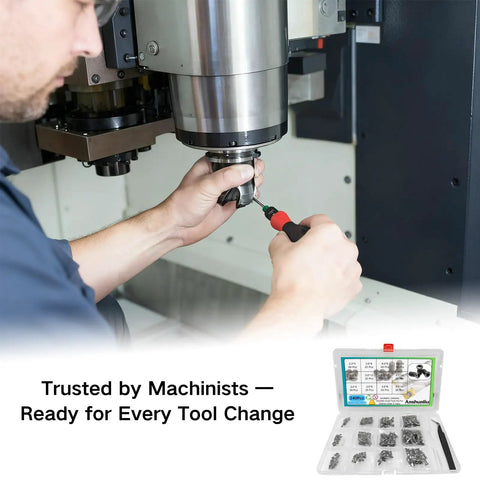 Top Shelf Torx Screw Set 240 Piece Kit With T6 T8 T15 T20 Fasteners And Metric M2 To M5 Bolts being used on a CNC machine.