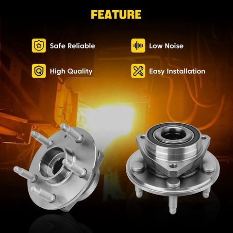 Drop In Replacement Wheel Bearing And Hub Assembly Set For GM Vehicles With 5 Lug Hubs And ABS Front Or Rear Fits Malibu Impala Equinox Terrain Lacrosse Regal Cadillac XTS CTS 2 Pack image showing two hub assemblies against a feature backdrop.
