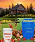 Spill Proof Automatic Chicken Waterer Cups 8 Pack With Free Setup Gear beside two containers for easy mounting and use in a chicken coop.