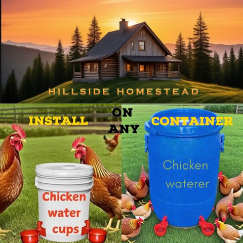 Spill Proof Automatic Chicken Waterer Cups 8 Pack With Free Setup Gear beside two containers for easy mounting and use in a chicken coop.