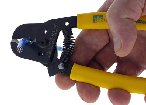Hella Versatile Data T Cutter Wire Tool For Structured Networks And Coax Cables Up To Rg 11 super lightweight with yellow handles and wire being cut.