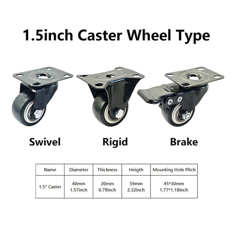 Heavy Duty Silent Caster Wheel Set Built Tough For Daily Grind Features Dead Quiet PU Rollers and Precision Ball Bearings Delivers Smooth Ride On Heavy Duty Shop Carts with 1.5-inch size.