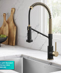 KRAUS Bolden 2-in-1 Pull Down Kitchen Faucet with Integrated Water Filter Tap for Reverse Osmosis or Water Filtration System in Spot-Free Antique Champagne Bronze/Matte Black, KFF-1610SFACBMB, showcased with kitchen sink and wooden cutting boards.