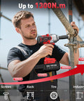 Man using Cordless Impact Wrench 650 Nm High Torque One Half Inch Drive With Two 4.0Ah Batteries on metal scaffolding