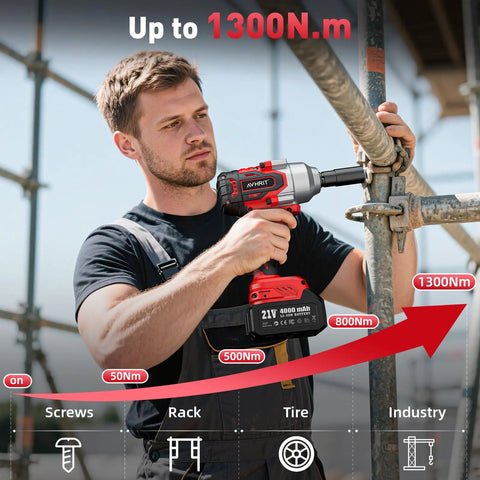 Man using Cordless Impact Wrench 650 Nm High Torque One Half Inch Drive With Two 4.0Ah Batteries on metal scaffolding