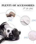 17 In 1 Reusable Full Face Respirator with accessories including cartridges, filter cottons, and covers for paint sprayers and chemical work