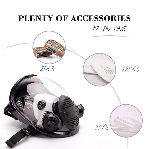 17 In 1 Reusable Full Face Respirator with accessories including cartridges, filter cottons, and covers for paint sprayers and chemical work