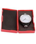 Hardness Tester For Type A O And D Scales With Simulated D Type Display Quick Easy Read Dial Built Tough From Rust Resistant Alloy Build Ideal For Testing Hardness In Plastics And Sulfur Goods Durable Accurate Fast Results, red case open with Shore D durometer