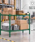 Badass Two Shelf Heavy Duty Wire Shelving Unit, 14x60x27 Green Epoxy NSF Rack For Kitchen Garage in a storage environment.