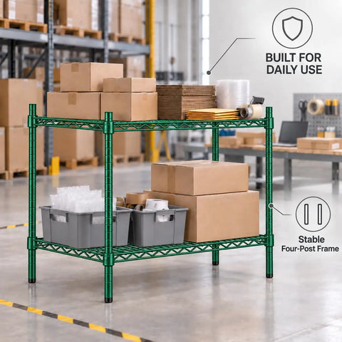 Badass Two Shelf Heavy Duty Wire Shelving Unit, 14x60x27 Green Epoxy NSF Rack For Kitchen Garage in a storage environment.