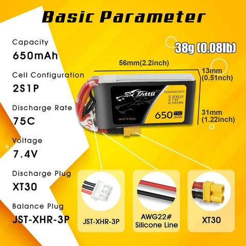 650mAh 2S 7.4V LiPo Battery With XT30 Plug For 120 Size FPV Rigs, beefy 75C burst, compact design with dimensions 56x31x13mm