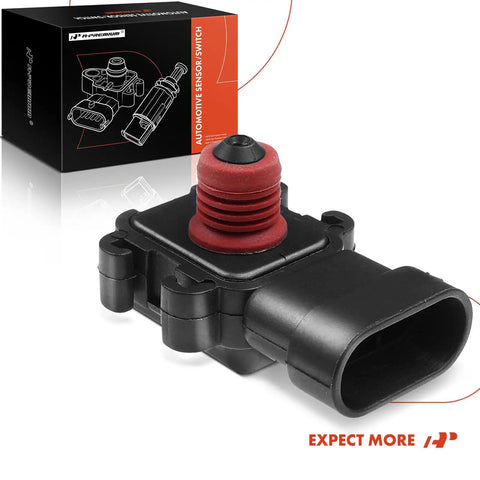 Map Sensor For Chevy And GMC Vehicles, Plug And Play Upgrade For Engine Management, High Accuracy Manifold Absolute Pressure Sensor, Easy Install Replacement, Diagnostic Ready, Fits Chevy Astro, Blazer, Cobalt, Express, Camaro, Silverado, Suburban, Tahoe. Black plastic MAP sensor with red seal and box
