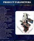 Built Tough Benchtop Mill Drill Press With Dead On Accurate 3 Axis DRO And Smooth X Axis Power Feed Cuts Metal Wood Plastic Projects Like A Champ Every Time. Detailed specifications and dimensions displayed.
