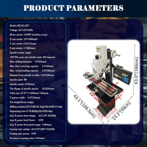 Built Tough Benchtop Mill Drill Press With Dead On Accurate 3 Axis DRO And Smooth X Axis Power Feed Cuts Metal Wood Plastic Projects Like A Champ Every Time. Detailed specifications and dimensions displayed.