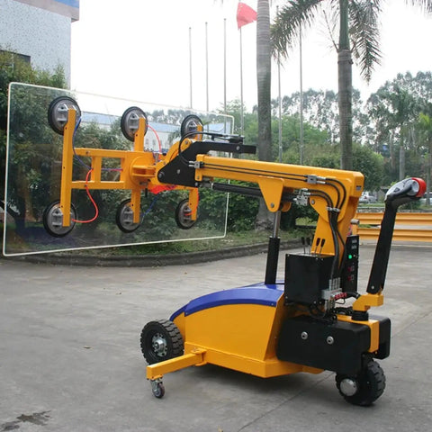 Heavy Duty Electric Vacuum Glass Lifter Robot Featuring Hydraulic Arm And Killer Suction Cups for lifting large glass safely.