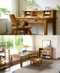 Wooden office desk with chair and shelf in bright room with large windows