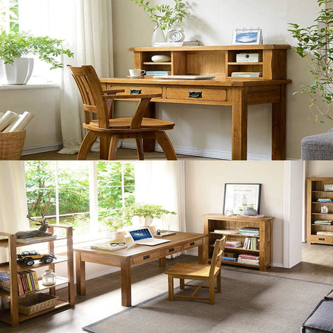 Wooden office desk with chair and shelf in bright room with large windows