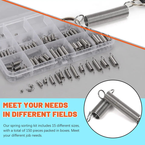 150 Piece Extension Spring Kit in 15 Sizes Stainless Steel Small Springs for Home Repairs and DIY Projects in compartment box