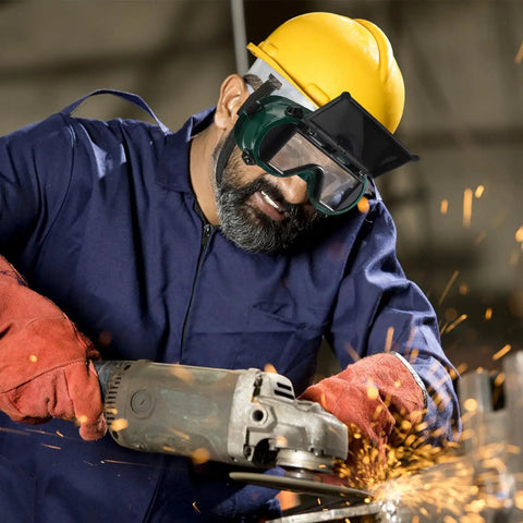 Job Site Tough Flip Up Welding Safety Glasses With Vented Anti Fog Shell Double Layer Shatterproof Lenses For Stick Mig Argon Cuts And Everyday Shop Grinds 2 Pack worn by a worker using a grinder.