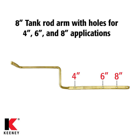 Universal Fit Toilet Tank Flush Lever With Faucet Style Decorative Brushed Nickel Finish Easy Install For Front Side Or Angle Mount Toilet Metal Construction With 8 Inch Adjustable Brass Arm showing holes for different installations.