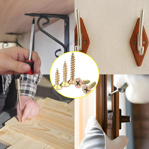Premium Flat Head Wood Screws Assortment Kit With 600 Rock Solid Yellow Zinc Coated Carbon Steel Fasteners in use for DIY projects.