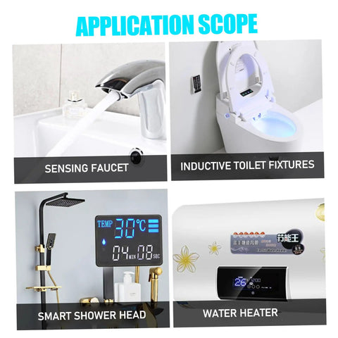 Image showcasing applications of smart home devices including a sensing faucet, inductive toilet fixtures, smart shower head, and water heater.