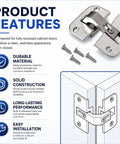 Heavy Duty Adjustable Concealed Pie Cut Corner Cabinet Hinge With Smooth As Butter Quiet Close And Rust Resistant Nickel Finish showing hinge assembly and screws.