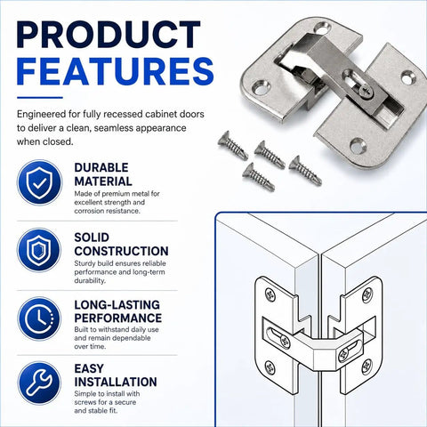 Heavy Duty Adjustable Concealed Pie Cut Corner Cabinet Hinge With Smooth As Butter Quiet Close And Rust Resistant Nickel Finish showing hinge assembly and screws.