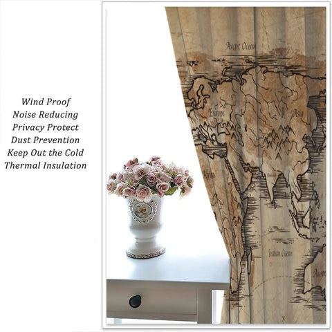 Dope World Map Curtain With Nautical Sailboat Vibe, Vintage Geography Decor For Nursery, Kids Room, Living Room, Bedroom, Kitchen, Cafe, Farmhouse Style, 42 Inch Wide By 45 Inch Long shown with map and flower vase.