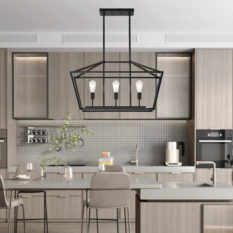 Farmhouse Linear Pendant Light Fixture For Kitchen Island Black 3 Light Cage Design Modern Contemporary Dining Room Lighting Height Adjustable Stem Easy Install Hardware Included Perfect Island Vibe