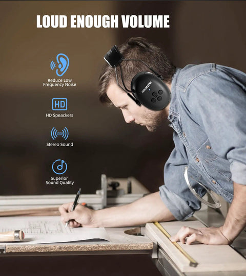 Man wearing Bluetooth Five Point Three Hearing Protection Earmuffs with NRR 25dB working at a workshop table