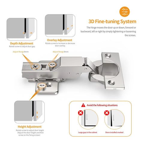 60 Pack Frameless Half Overlay Soft Close Concealed Cabinet Hinges Satin Nickel Clip On Self Closing 105 Degree Open Angle with 85 to 105 Degree Stop, 3D Adjustment, Stainless Steel for Cabinet Doors showing 3D fine-tuning system.