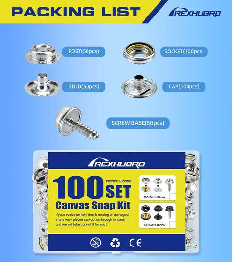 Packing list for 350 Pcs Canvas Snap Kit Set Great Value With Stainless Steel Marine Grade Three Eighths Inch Snaps