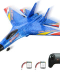 Foam RC Airplanes For Teens And Adults With Gyro Stabilized Flight Easy To Control Remote Control Fighter Jet SU27 Blue Edition with two batteries and remote control visible