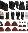 Top Shelf 120 Piece Oscillating Multi Tool Accessory Kit Packing Tough As Nails Cutting Sanding And Scraping Blades, various types of blades and sanding pads.