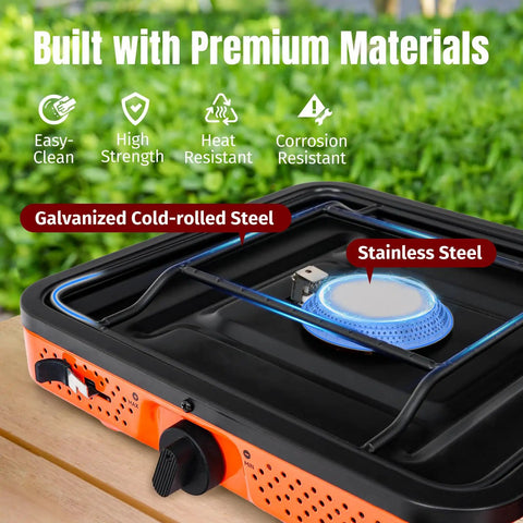 Two Burner Portable Camping Stove With Carry Bag No-Fuss 17000 BTU Propane Camp Stove featuring galvanized and stainless steel