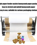 Heavy Duty Honeycomb Paper Dispenser And Packaging Feeder With Adjustable Tension And Stretching Device For Smooth Roll Action Straight Fire Performance For Fast Box Taping with side view of rolls and gifts.